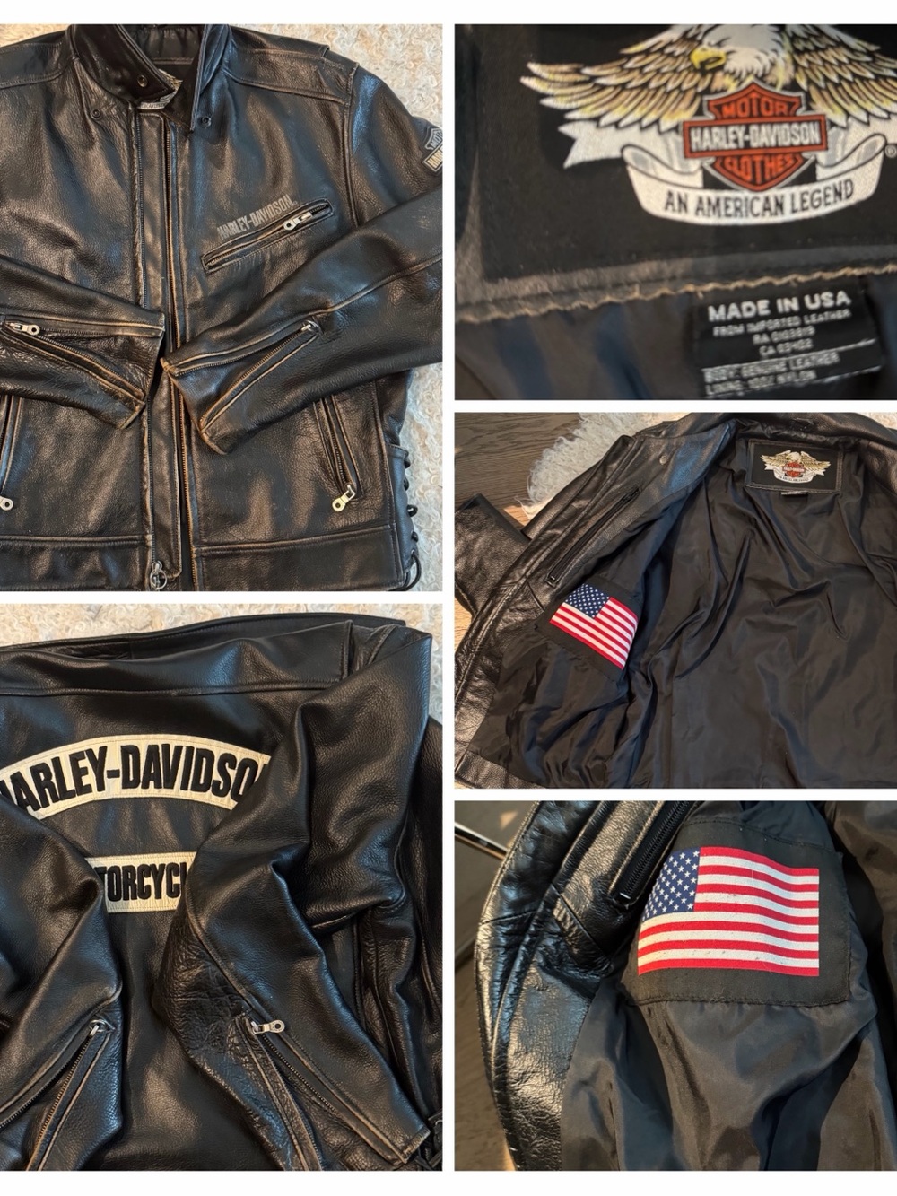 Harley-Davidson Black Leather Bomber Jacket with Flag Patch